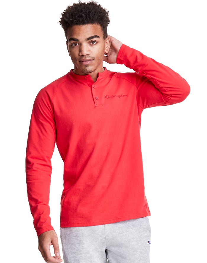 Champion Long Sleeve Henley Erkek Tişört Kırmızı ( MQDOGK082 )